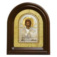 Икона Спаситель Спас Вседержитель в серебряном окладе в киоте Размер 28,5 х 34,5 см.