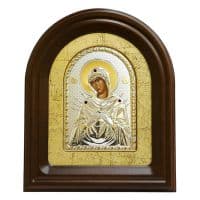 Икона Богоматерь Семистрельная в серебряном окладе в киоте Размер 28,5 х 34,5 см.