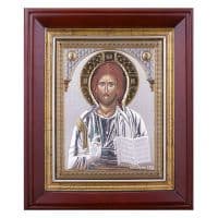 Икона Спаситель Спас Вседержитель в серебряном окладе в киоте Размер 47x56 см.