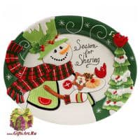 Блюдо для сладостей Весёлый снеговик Новогодняя посуда Длина 32 см - вид 1 миниатюра