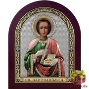 Икона освященная &quot;Пантелеймон&quot;, дерево, серебро 925, 16.5x20 см