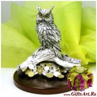 Скульптура Филин на ветке на деньгах. Посеребрение. Высота 23 см Италия