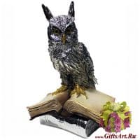 Скульптура Филин на книгах. Посеребрение. Цветная эмаль ручная роспись. Высота 28 см Италия