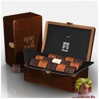 Набор элитных шоколадных конфет ручной работы Махагон коллекция RUBY. Деревянная упаковка. Франция