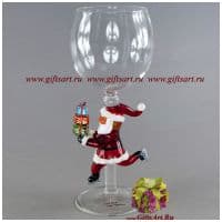 Бокал фигурный для вина Дед Мороз на коньках. Высота 20 см. Ручная работа США