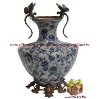 Ваза Две Стрекозы. Императорский фарфор и бронза. Декор Роза блю. Ручная работа. Высота 30 см