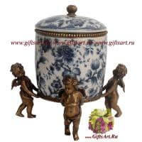 Сахарница вазочка Ангелы. Фарфор и бронза. Декор Роза блю. Ручная работа. Размер 24 см