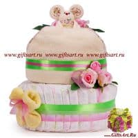 Торт из памперсов для девочки Мышка с цветами. Подарок новорожденному.