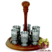 Набор стопок для водки 6 стопок на деревянной подставке Серия Егеря оловянная посуда Австрия Artina