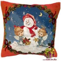 Наволочка гобеленовая новогодняя. Ангелы и снеговик 2. Размер 50х50 см.