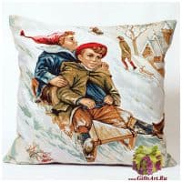 Наволочка гобеленовая новогодняя. Новогодние гуляния в стиле ретро. Размер 50х50 см.