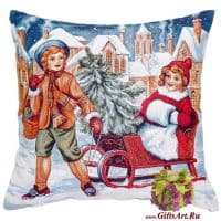 Наволочка гобеленовая новогодняя. Барышня и кавалер в стиле ретро. Размер 50х50 см.