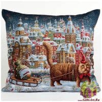 Наволочка гобеленовая новогодняя. Кот - дед мороз с подарками. Размер 50х50 см.