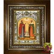 Икона освященная &quot;Петр и Феврония благоверные&quot;, 14x18 см, в деревянном киоте 20x24 см, 20x24 см