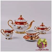 Чайный сервиз &quot;Красная охота&quot; Баварский фарфор Германия на 6 персон 15 предметов.