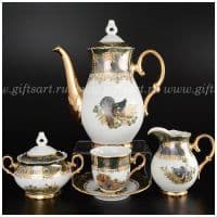 Кофейный сервиз &quot;Зеленая охота&quot; на 6 персон 15 предметов фарфор Чехия.