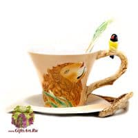 Кофейная пара Прайд - львиная семья с ложечкой Фарфор Ручная работа.