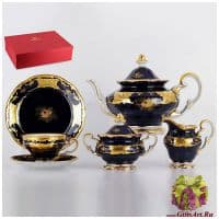 Чайный фарфоровый сервиз Кобальт  кленовый лист с золотом Weimar Porcelain на 6 персон 21 предмет. Германия