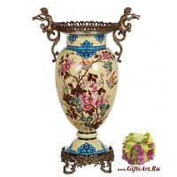 Ваза напольная Дикие розы и пташки. Фарфор и бронза. Коллекция Неразлучники. Ручная работа. Высота 54 см