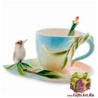 Кофейная пара Иволга и ива. Фарфор. Ручная работа. 110 мл. Подарочная упаковка.