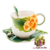 Кофейная пара Кувшинка и лягушка. Фарфор. Ручная работа. 110 мл. Подарочная упаковка.