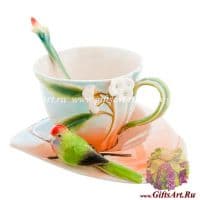 Кофейная пара Попугайчик. Фарфор. Ручная работа. 110 мл. Подарочная упаковка.