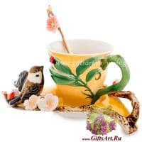 Кофейная пара Воробей и божья коровка. Фарфор. Ручная работа. 150 мл. Подарочная упаковка.