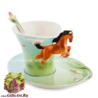 Кофейная пара Каурый конь. Фарфор. Ручная работа. 130 мл. Подарочная упаковка.