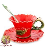 Кофейная пара Красный мак и пчёлка. Фарфор. 100 мл. Ручная работа. Подарочная упаковка