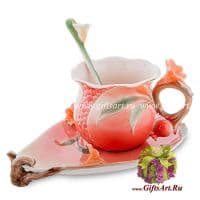 Кофейная пара Спелый гранат. Фарфор. Ручная работа. 120 мл. Подарочная упаковка.