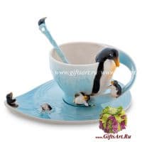 Кофейная пара Семейка пингвинов. Фарфор. Ручная работа. 120 мл. Подарочная упаковка.