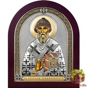 Икона освященная &quot;Спиридон Тримифунтский&quot;, дерево, серебро 925, 16.5x20 см