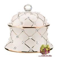 Сахарница конфетница молочного цвета фарфоровая со стразами Сияние. Диаметр 12 см