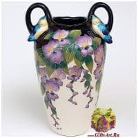 Ваза керамическая Попугайчики в цветах. Высота 31 см. Подарочная упаковка.