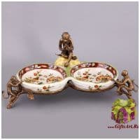 Менажница три обезьянки. Фарфор и бронза. Коллекция изобилие. Ручная работа. Длина 32 см