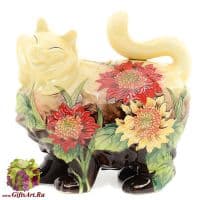 Фарфоровая статуэтка Кошка. Копилка. Серия Цветы. Длина 30 см