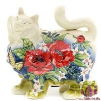 Фарфоровая статуэтка Кошка. Копилка. Серия Цветы. Длина 30 см