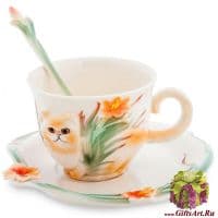 Кофейная пара Кот в цветах. Фарфор. Ручная работа. 120 мл. Подарочная упаковка.