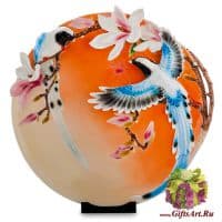 Тарелка декоративная Синие птицы в магнолии. Фарфор. Высота 43 см. Подарочная упаковка.