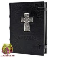 Библия большая подарочная с серебряным оформлением Спас Нерукотворный. Серебро 925 пробы. 24 х 17 см Натуральная кожа. Россия