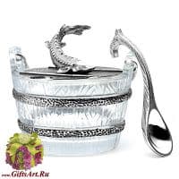 Серебряная Икорница Осётр. Хрусталь. Серебро 925 пробы. Россия Серебряная Икорница Осётр. Хрусталь. Серебро 925 пробы. Россия