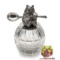 Серебряная медовница, банка для мёда Медведь. Хрусталь. Серебро 925 пробы. Россия