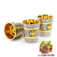 Серебряные стопки Три кадки. Серебро 925 пробы, позолота. Россия. Подарочная упаковка.