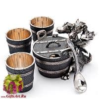 Серебряная Икорница Змей Горыныч и три стопки. Серебро 925 пробы. Россия