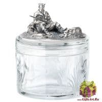 Серебряная паштетница Охотник с собакой. Хрусталь. Серебро 925 пробы. Россия