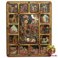 Большая подарочная икона &quot;Чудо вмч. Димитрия Солунского о царе Калояне&quot; с житийными клеймами на мореном дубе