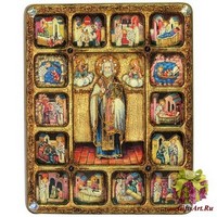 Большая подарочная икона &quot;Святитель Николай, архиепископ Мир Ликийский (Мирликийский), чудотворец с житийными сценами&quot; на мореном дубе