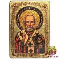 Большая подарочная икона &quot;Святитель Николай, архиепископ Мир Ликийский (Мирликийский), чудотворец&quot; на мореном дубе