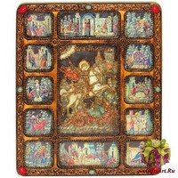 Подарочная икона &quot;Чудо святого Георгия о змие&quot; с житийными клеймами на мореном дубе