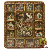 Живописная икона &quot;Чудо вмч. Димитрия Солунского о царе Калояне с житийными сценами&quot; на кипарисовой доске